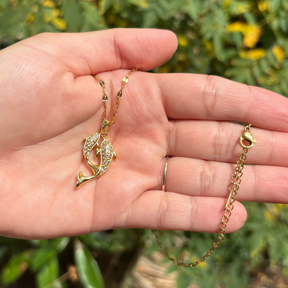 18K Gold Plated Stainless Steel Diamond Dolphin Necklace